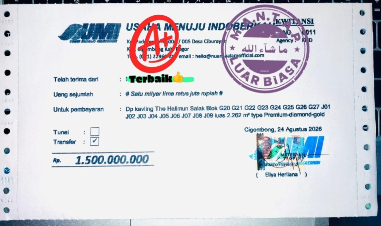 Bukti transaksi buyer The Halimun Salak 17 unit total luas 2262 meter persegi