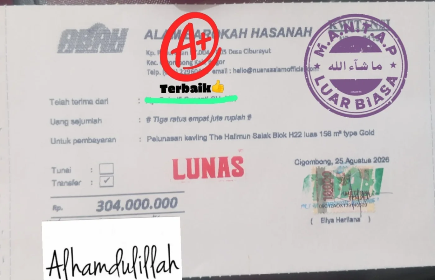Kwitansi buyer kavling Bogor The Halimun Salak
