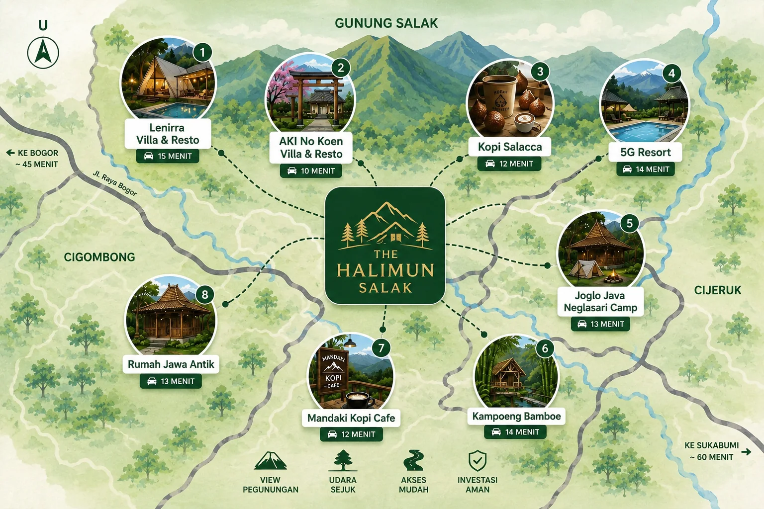 Peta wisata sekitar kavling The Halimun Salak Cigombong Bogor Selatan